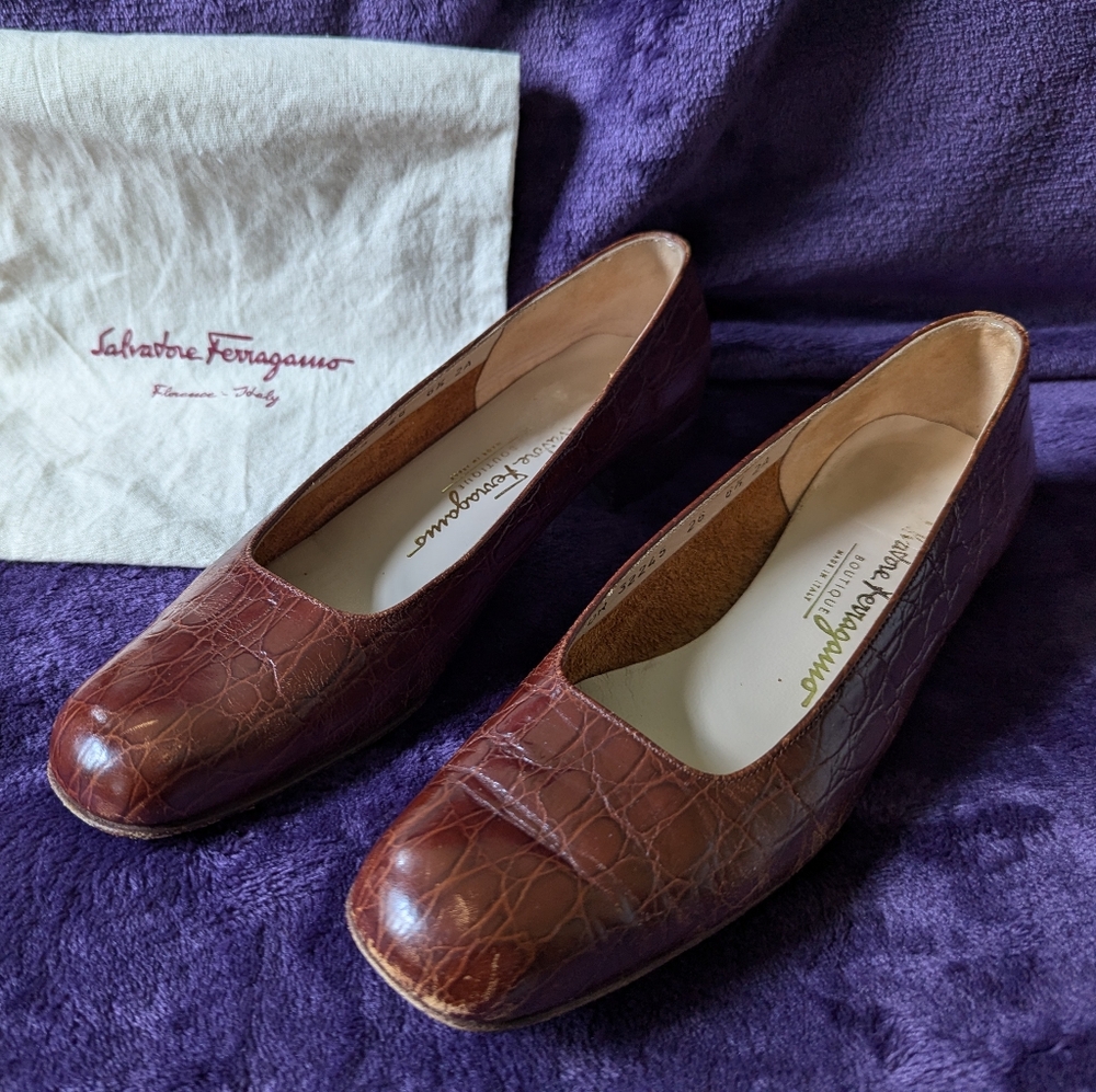 Salvatore Ferragamo 6.5A Leather Crocodile Loafers Vintage